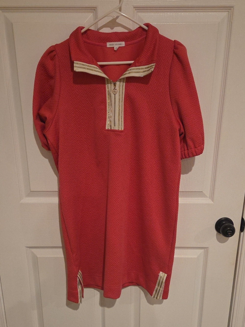 Coral Zipper Polo Dress with Stripe Trim